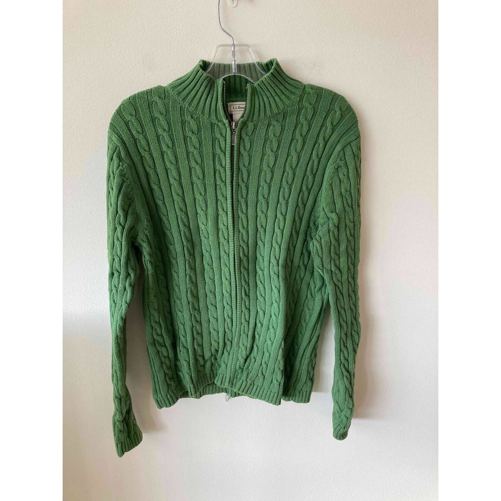 L.L. Bean Cable Zippered Cardigan Sweater Green Size Medium